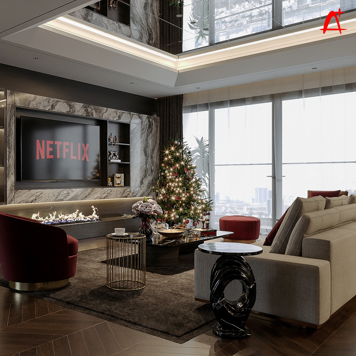 Trần ốp k&iacute;nh tạp hiệu ứng tăng chiếu cao giống như khoảng th&ocirc;ng tầng